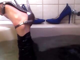 tub in super-sexy high heeled sandals
